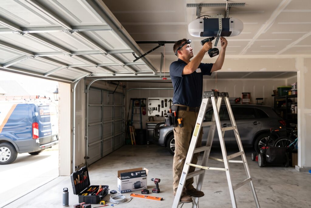 a professional technician installing a modern automatic garage door opener